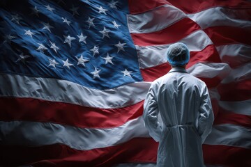 Obraz premium Healthcare professional stands in front of the USA flag in a hospital setting, symbolizing dedication and service to the community