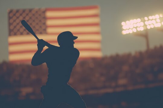 Baseball player prepares to swing bat in a stadium under bright lights with the USA flag displayed prominently in the background