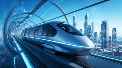 A futuristic high-speed train travels through a glass tunnel emerging into a modern cityscape for advanced transportation footage - Powered by Adobe
