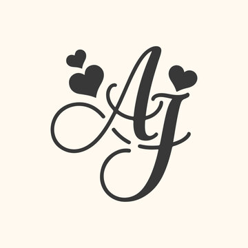 Elegant monogram aj with hearts, symbolizing love and romance, perfect for wedding invitations or branding