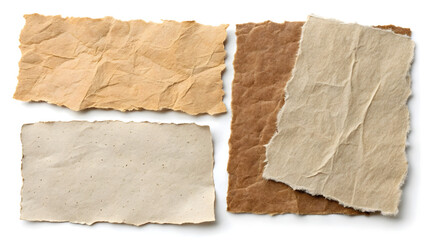 Fototapeta premium Crinkled Brown and Beige Torn Paper Pieces on White Background image graphic