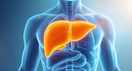 Glowing Orange Liver in Blue Human Body Silhouette – Ideal for Health Ads, Medical Blog Headers, Liver Awareness Infographics, Anatomy App Interfaces, Diagnostic Imaging Visuals