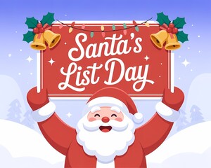 Santa claus joyfully celebrates santas list day with festive banner