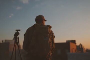 Professionals in the USA proudly represent various careers with the national flag displayed prominently against a beautiful sunset backdrop