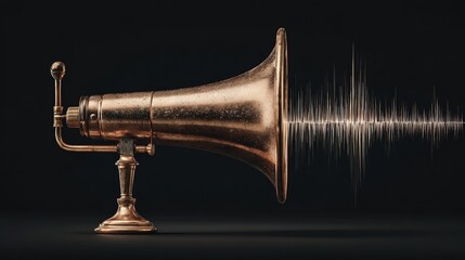 amplifier. Vintage brass megaphone with sound wave visualization, representing communication concept. product launch decks.