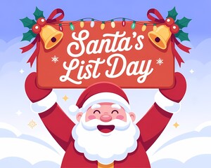 Santa claus joyfully celebrates santas list day with festive banner