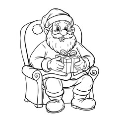 Santa Claus sitting in a chair, holding a gift. Christmas illustration on a white background for holiday design. Coloring page.