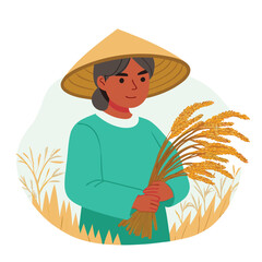 Asian woman with conical hat holds sheaves of golden wheat in a circular farm scene