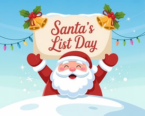 Santa claus holding a sign for santas list day with bells and lights