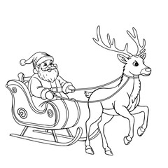 Santa Claus in his sleigh with his Christmas reindeer. Illustration on a white background for holiday design. Coloring page.