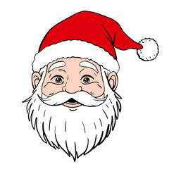 Santa Claus's head in a Christmas hat. Illustration on a white background for holiday design. Coloring page.