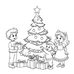 A Christmas tree with children and gifts. Christmas Iilustration on a white background for holiday design. Coloring page.
