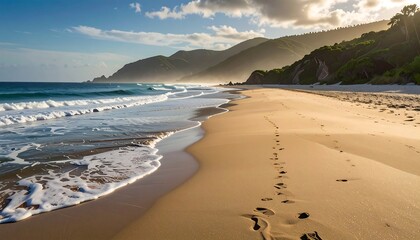Footprints grace a sunlit beach along a scenic coastline under a partly cloudy sky