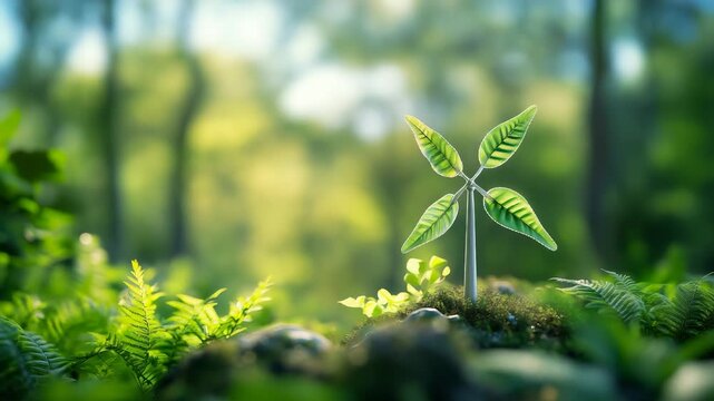 A small green plant with vibrant leaves stands amidst lush ferns, showcasing its growth in a natural setting. The bright leaves and ferns create a tranquil environment for the youn