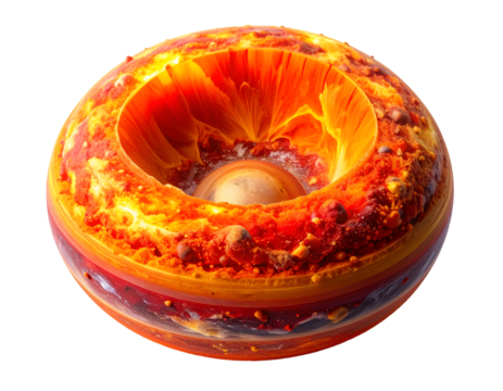 Dynamic abstract visualization of a planet's core, showing fiery molten layers and intense heat