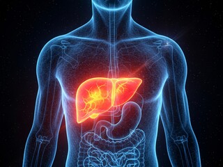 Glowing Red Liver Highlighted in Human Torso Anatomy – Ideal for Medical Ads, Health Blog Headers, Liver Disease Infographics, Anatomy Education Visuals, Diagnostic Tool Presentations