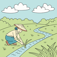 Asian farmer with conical hat cultivates plants in rural landscape near a winding stream