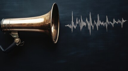 amplifier. Vintage brass megaphone with sound wave visualization, representing communication concept. product launch decks.