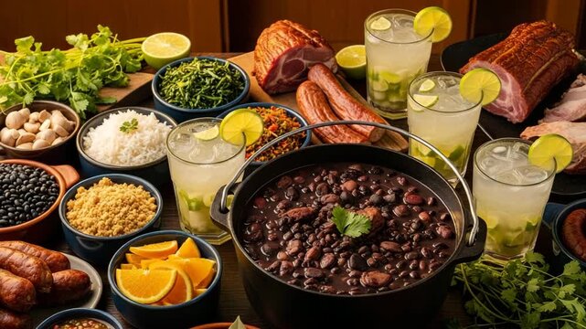 Traditional Brazilian Feijoada with Fresh Ingredients Smoked Meat Sausage and Caipirinha Cocktails Authentic Latin American Cuisine Food Photography


