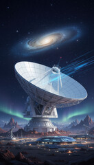 In a remote location, a massive satellite dish is positioned to receive signals from deep space. A beautiful galaxy shines in the night sky, complemented by colorful auroras