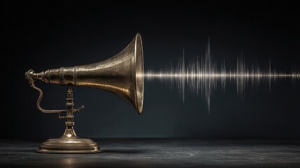 amplifier. Vintage brass megaphone with sound wave visualization, representing communication concept. product launch decks.