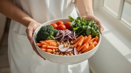 Fresh Organic Vegetable Salad Bowl Held in Hands – Ideal for Diet Ads, Wellness Blog Headers, Vegan Recipe Cards, Nutrition Infographics, Fitness App Interfaces