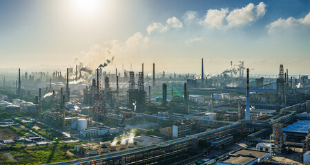 Aerial view of oil refinery and chemical plant with pipeline equipment in a large industrial area