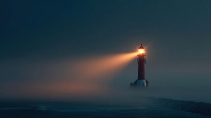 sailor. Lighthouse beam cutting through morning fog at a coastal maritime scene. travel magazines, destination branding, designed for outdoor magazines and nature guides, used by event planners.