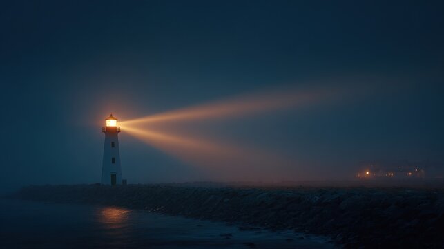 sailor. Lighthouse beam cutting through morning fog at a coastal maritime scene. travel magazines, destination branding, designed for outdoor magazines and nature guides, used by event planners.