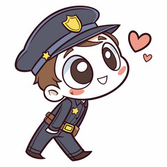 Charming white character dressed as officer happily walks along with floating heart shapes