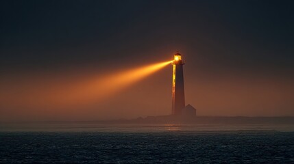 sailor. Lighthouse beam cutting through morning fog at a coastal maritime scene. travel magazines, destination branding, designed for outdoor magazines and nature guides, used by event planners.