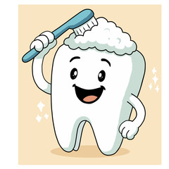 Cartoon of white molar teeth cleaning themselves with a toothbrush with a happy face