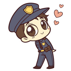 Cartoon police officer character in uniform showing love with hearts isolated on white