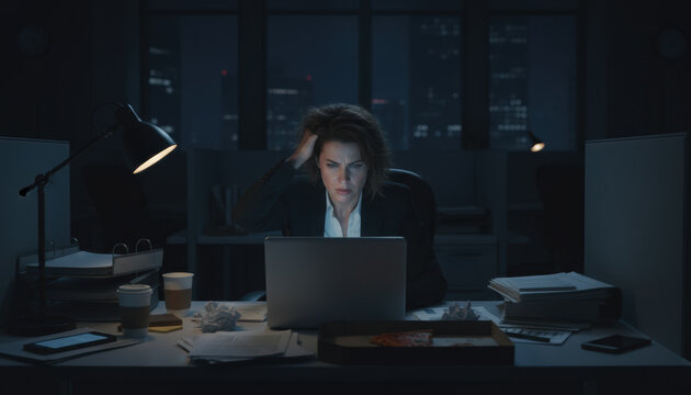 A dedicated professional is seen working late at night in a sleek office