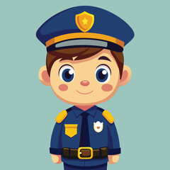 Smiling little boy dressed in a cartoon police uniform and a blue police cap stands still