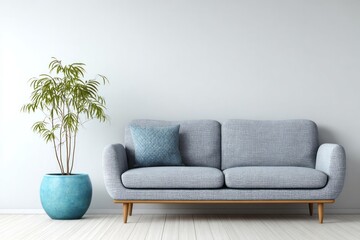 Fototapeta premium Modern living space features a contemporary gray sofa beside a lush green potted plant against a pale wall
