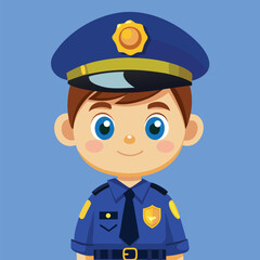 Young cartoon police officer smiles confidently while wearing his full blue uniform suit