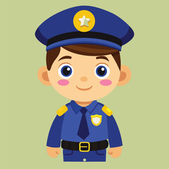 Cartoon Caucasian boy is smiling while dressed in a police officer uniform