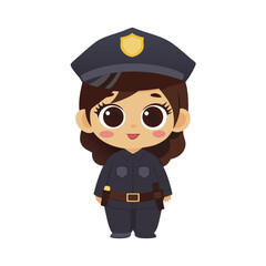 Brunette cartoon police officer in dark blue uniform stands smiling sweetly on a white background