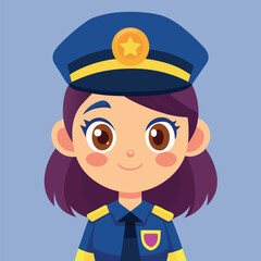 Animated young girl with auburn hair smiles wearing a police officer uniform against blue
