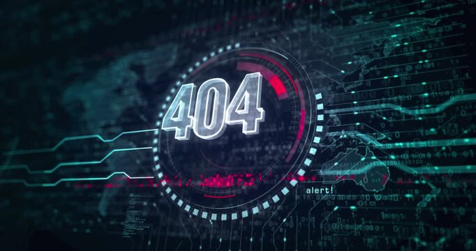 Error 404 page not found oops problem symbol abstract digital concept. Global network and cyber technology background seamless and looped 3d animation.