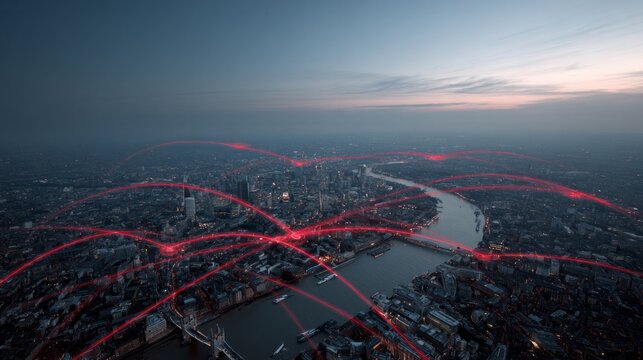 Aerial metropolis pulsates with red neon threads, evoking Cyber Monday's digital dance and Diwali's luminous cityscape spectacle