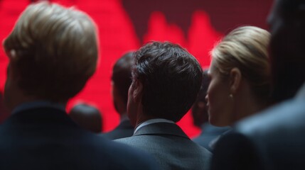 A diverse group of professionals captivated by a digital red sea, mirroring the pulsating energy of World Statistics Day