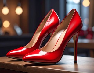 Pair of glossy, scarlet-red high heels on a wooden surface, indoors