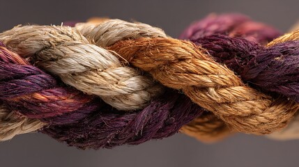 binding. Abstract close-up of intertwined ropes symbolizing unity, with textured fibers under soft directional lighting. wellbeing guides.