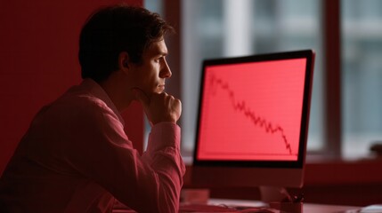 Pensive Caucasian man immersed in stock market plunge on crimson screen, reflecting adversity, paired with Panic Day contemplation