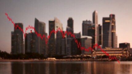 Obraz premium Intricate skyline silhouettes dance as financial graphs ripple like crimson serpents during Somber Market Meditation Day