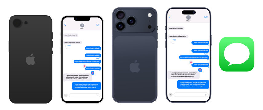 Apple iMessage interface mockup on iPhone 17 Pro Max and iphone 16e. Messages app layout, text conversation bubbles, and keyboard UI for modern Apple chat design	