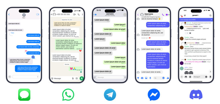 Messaging app mockup. WhatsApp Telegram Messenger Discord iMessage UI design. hatsApp Telegram Messenger Discord iMessage mobile chat layout comparison	
