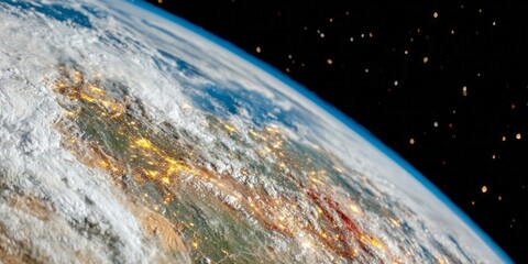 Majestic Earth from orbit, cosmic tapestry sparkling with urban luminescence, climate awareness, Earth Hour homage, and celestial perspective